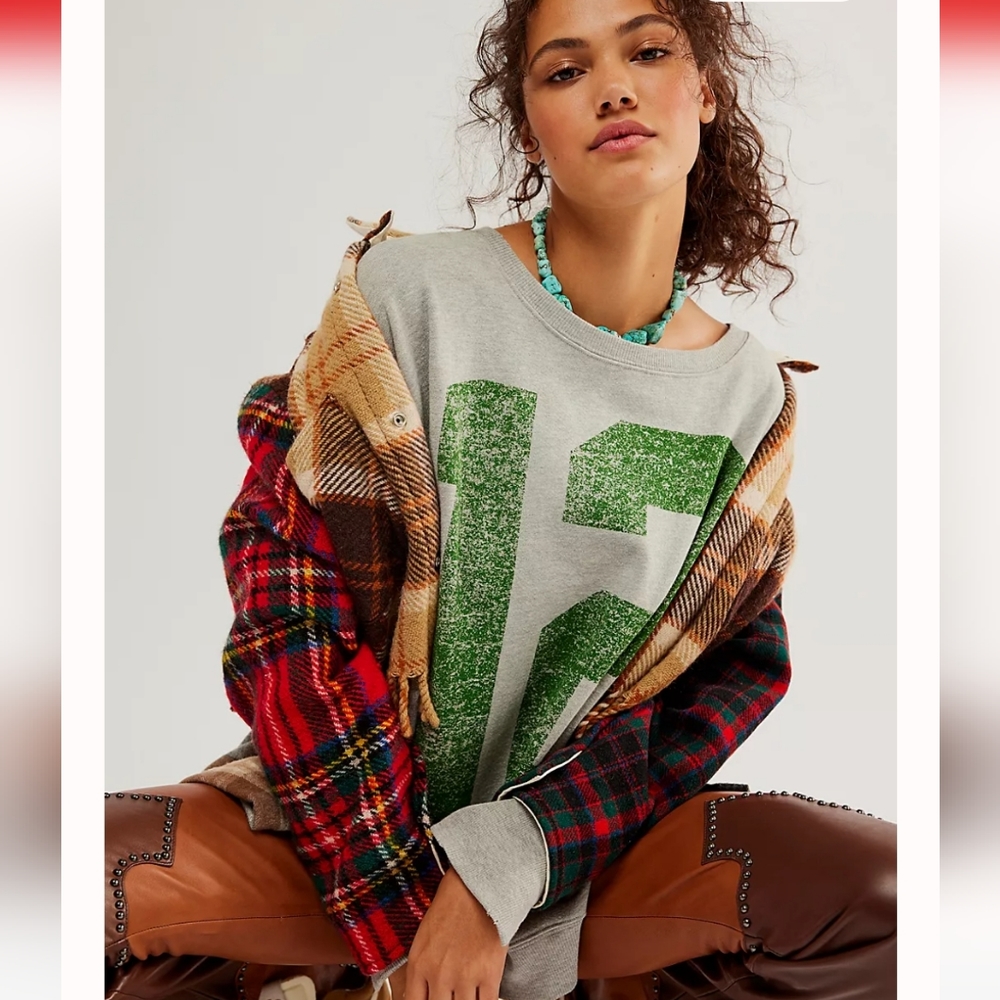 NWT FREE PEOPLE Camden Graphic "12" Gray Green We The Free Pullover NWT